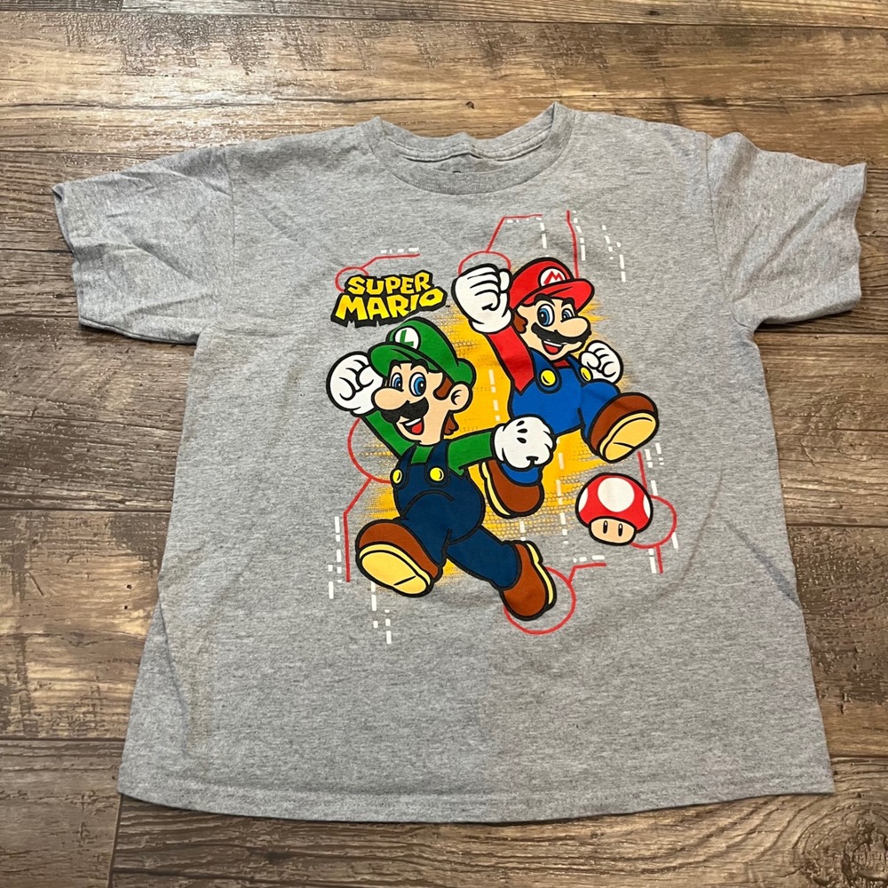 Nintendo Super Mario Luigi Kids Graphic T-Shirt Gray Medium Hybrid Apparel
